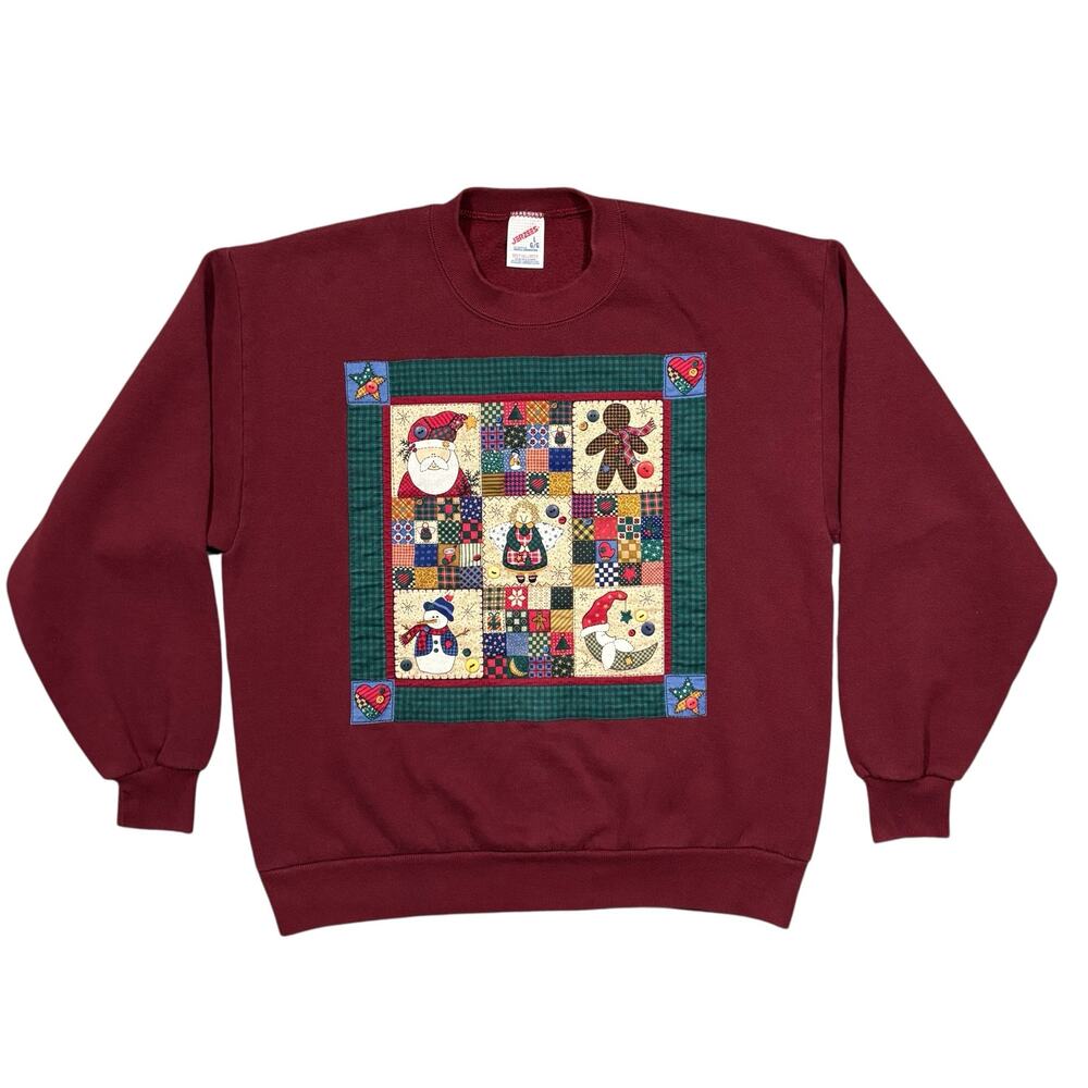 Christmas Cottagecore Quilted Patchwork Jerzees Vintage 90s USA Sweatshirt Large